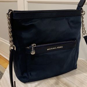 Michael Kors Large Navy Blue Nylon and Leather Silver Chain Crossbody